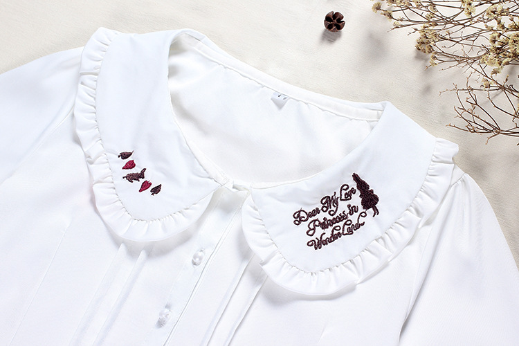 Alice Rabbit Embroidered Lotus Leaf Collar Bow Long Sleeves Chiffon Lolita Blouses