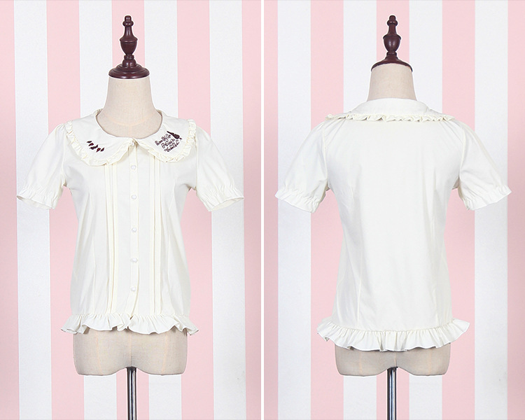 Alice Rabbit Embroidered Lotus Leaf Collar Bow Short Sleeves Chiffon Lolita Blouses