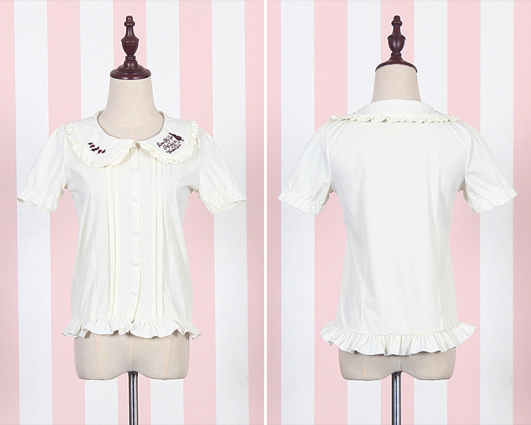 Alice Rabbit Embroidered Lotus Leaf Collar Bow Short Sleeves Chiffon Lolita Blouses