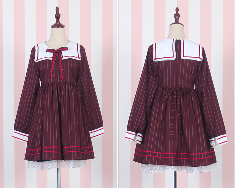 Striped Wine Red Retro Uniform Lolita Dress