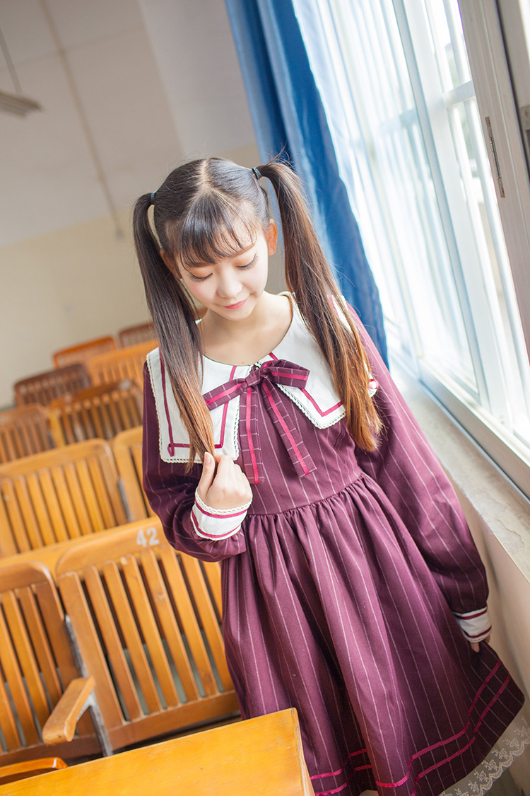 Striped Wine Red Retro Uniform Lolita Dress