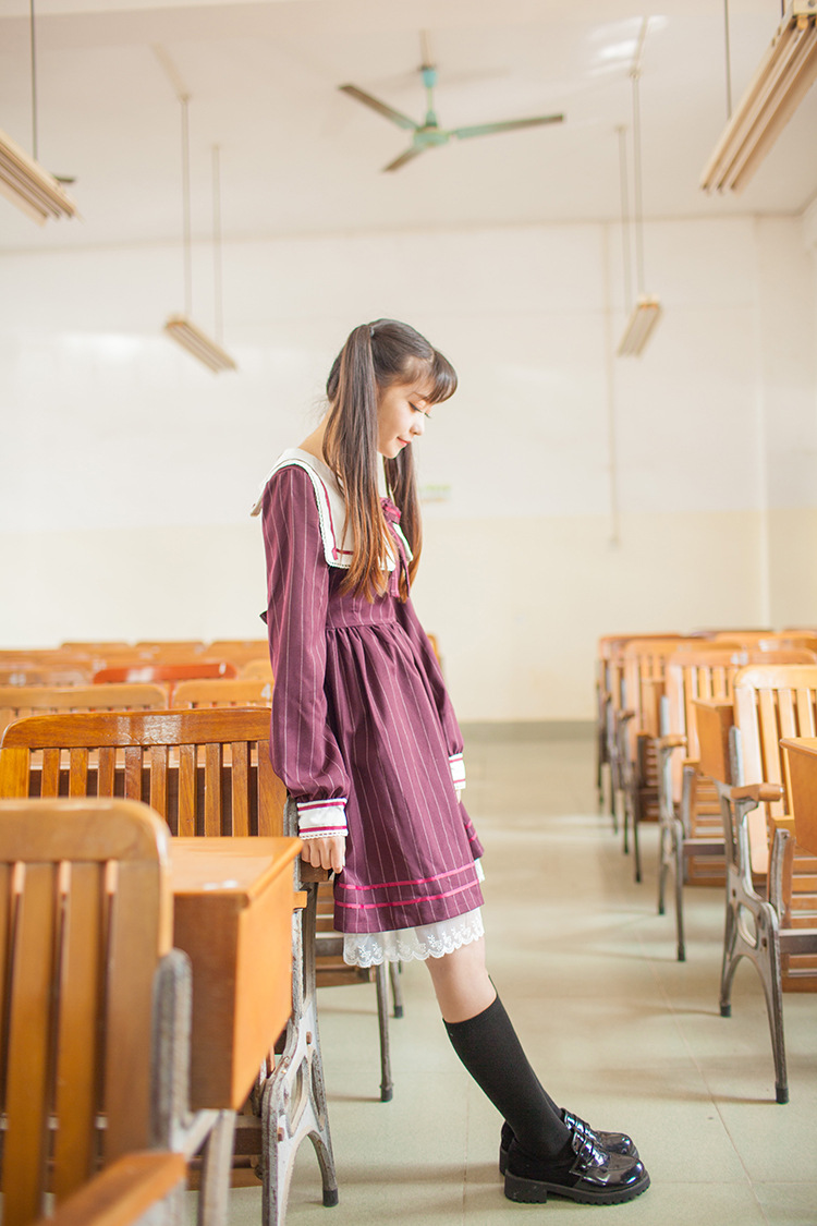 Striped Wine Red Retro Uniform Lolita Dress