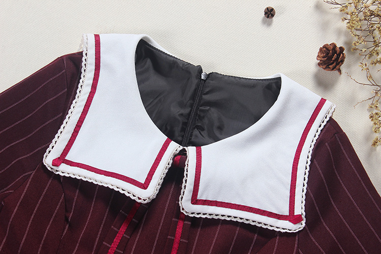 Striped Wine Red Retro Uniform Lolita Dress