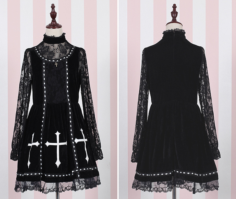 The Cross Embroidery Vintage Grenadine Lace Velvet Pompon Lolita Dress