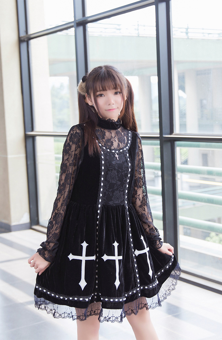 The Cross Embroidery Vintage Grenadine Lace Velvet Pompon Lolita Dress