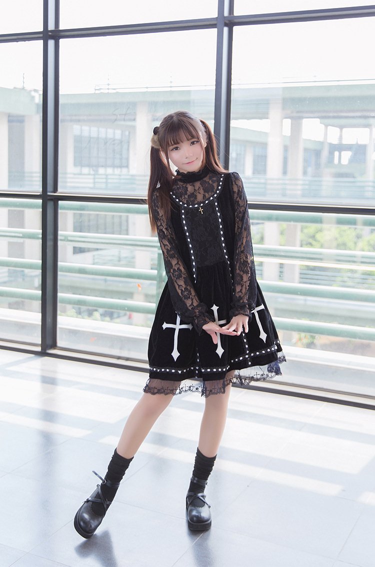 The Cross Embroidery Vintage Grenadine Lace Velvet Pompon Lolita Dress