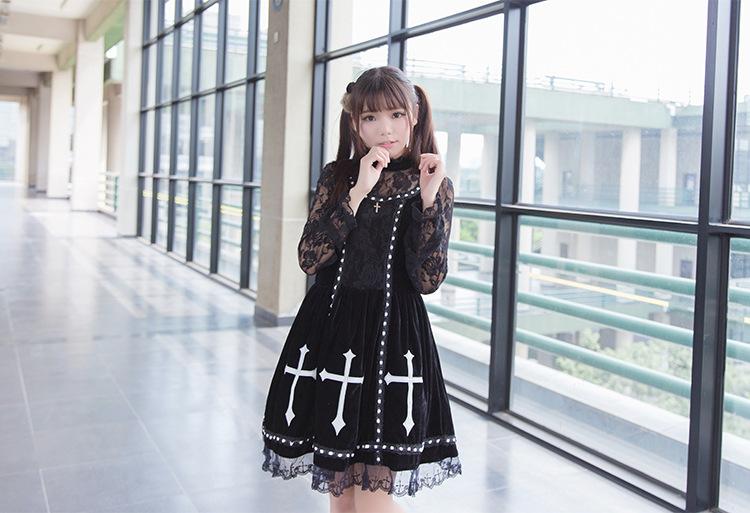 The Cross Embroidery Vintage Grenadine Lace Velvet Pompon Lolita Dress