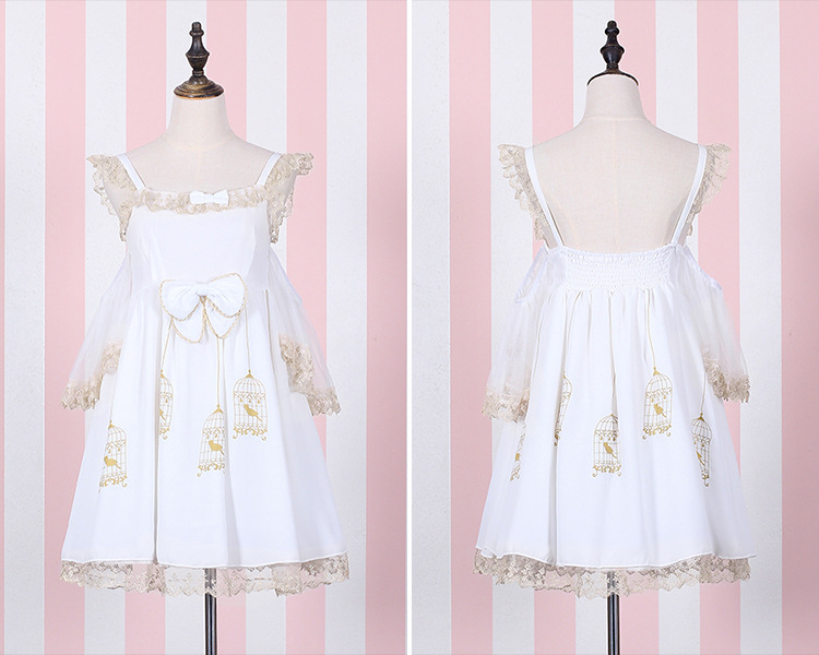 Gold Embroidered Lace Gilded Cage Printing Sling Lolita Dress