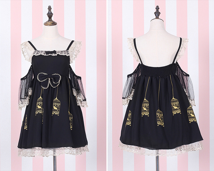 Gold Embroidered Lace Gilded Cage Printing Sling Lolita Dress