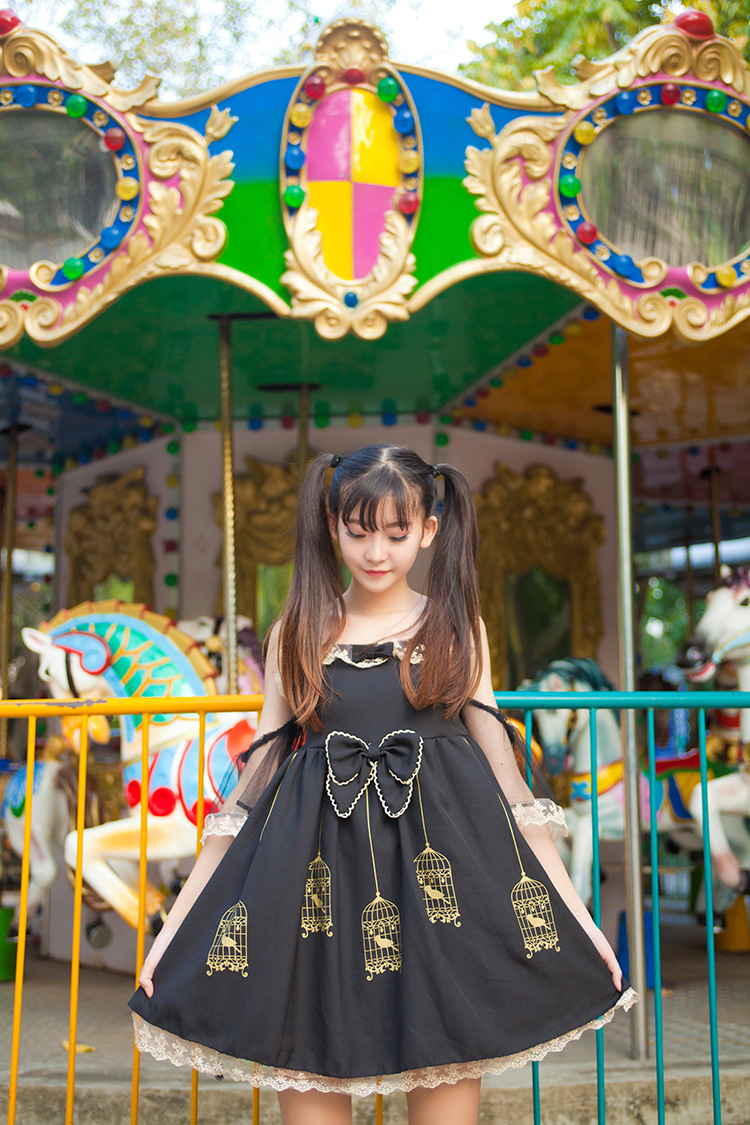 Gold Embroidered Lace Gilded Cage Printing Sling Lolita Dress