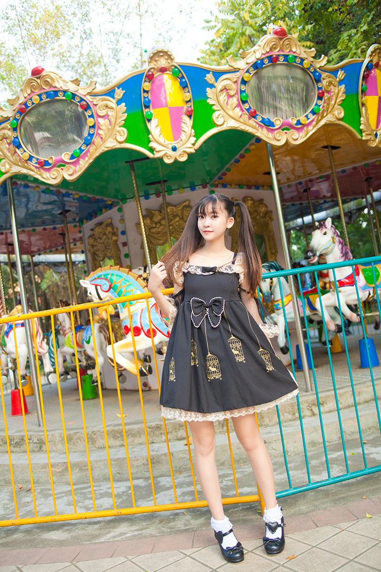 Gold Embroidered Lace Gilded Cage Printing Sling Lolita Dress