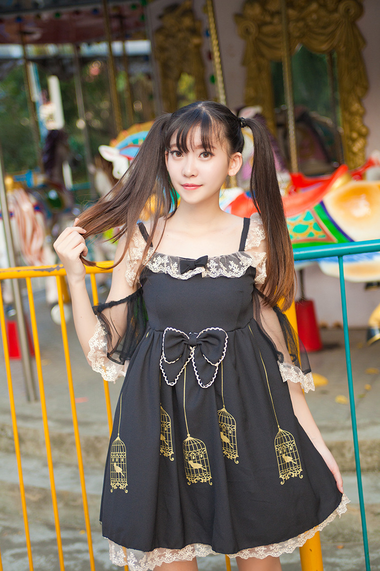 Gold Embroidered Lace Gilded Cage Printing Sling Lolita Dress