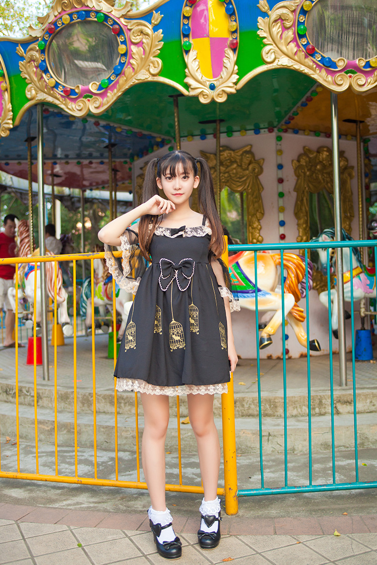Gold Embroidered Lace Gilded Cage Printing Sling Lolita Dress