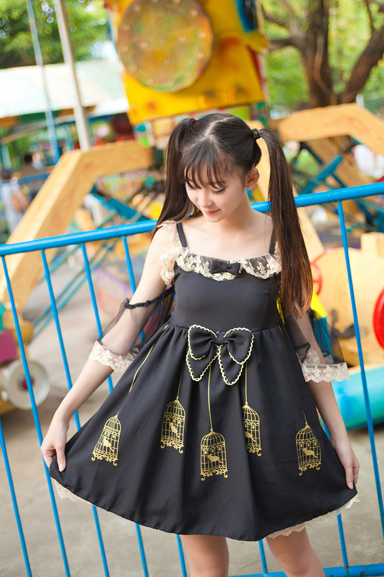 Gold Embroidered Lace Gilded Cage Printing Sling Lolita Dress