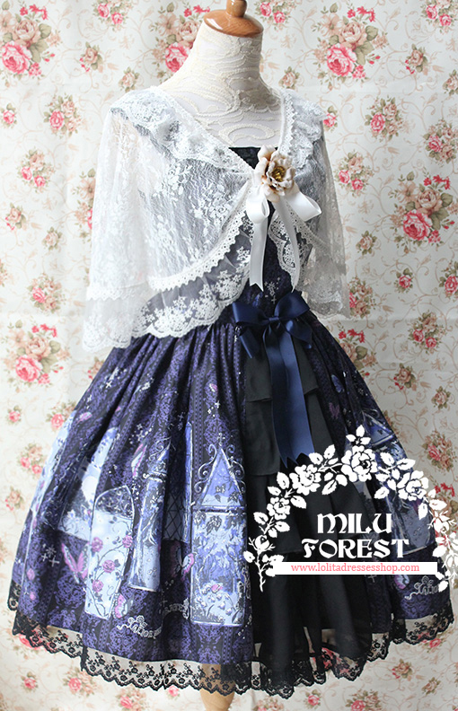 True Summer Night Printing Lolita Sling Dress With KC And Shawl