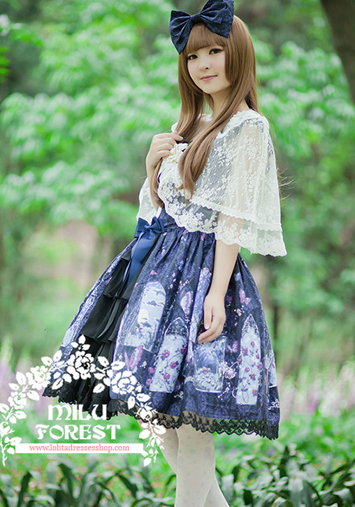 True Summer Night Printing Lolita Sling Dress With KC And Shawl