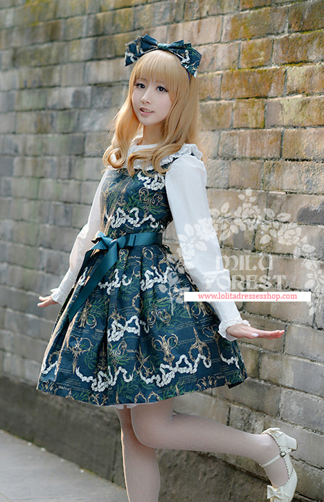 Blackish Green Antique Scissors Printing Lolita Short Dress