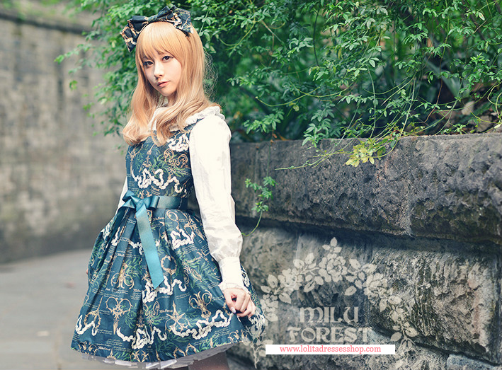 Blackish Green Antique Scissors Printing Lolita Short Dress