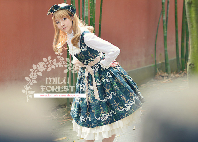 Blackish Green Antique Scissors Printing Lolita Long Dress