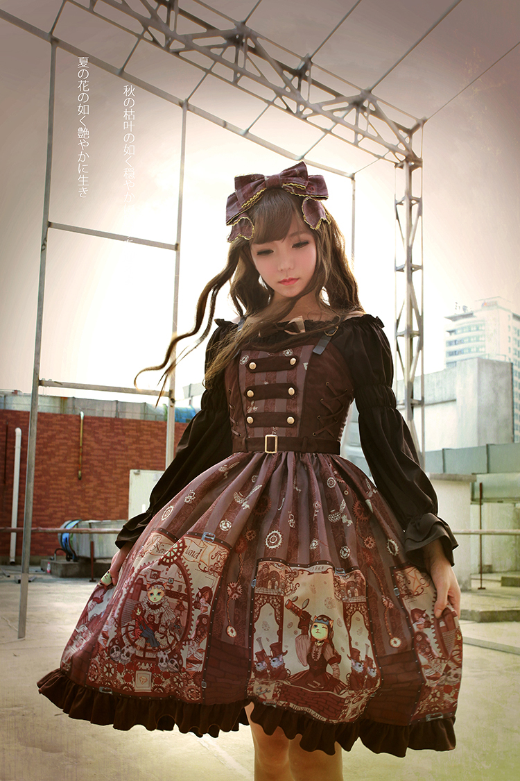 Steam Punk Cat Normal Waist Three-button Lolita Dress