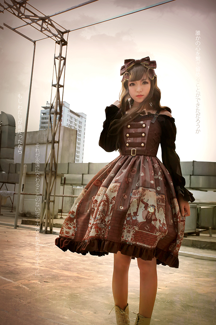 Steam Punk Cat Normal Waist Three-button Lolita Dress