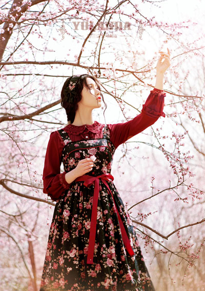 Four Colors Camellias Dark Bands Lolita Dress