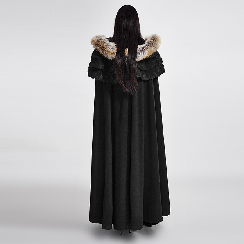 Black Gothic Wool Collar For Women Long Cloak