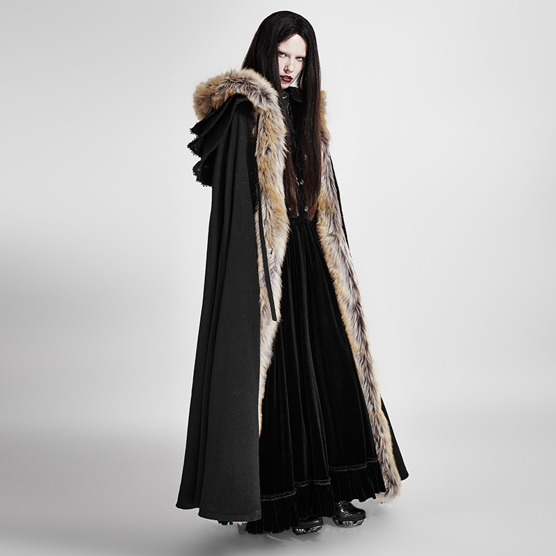 Black Gothic Wool Collar For Women Long Cloak