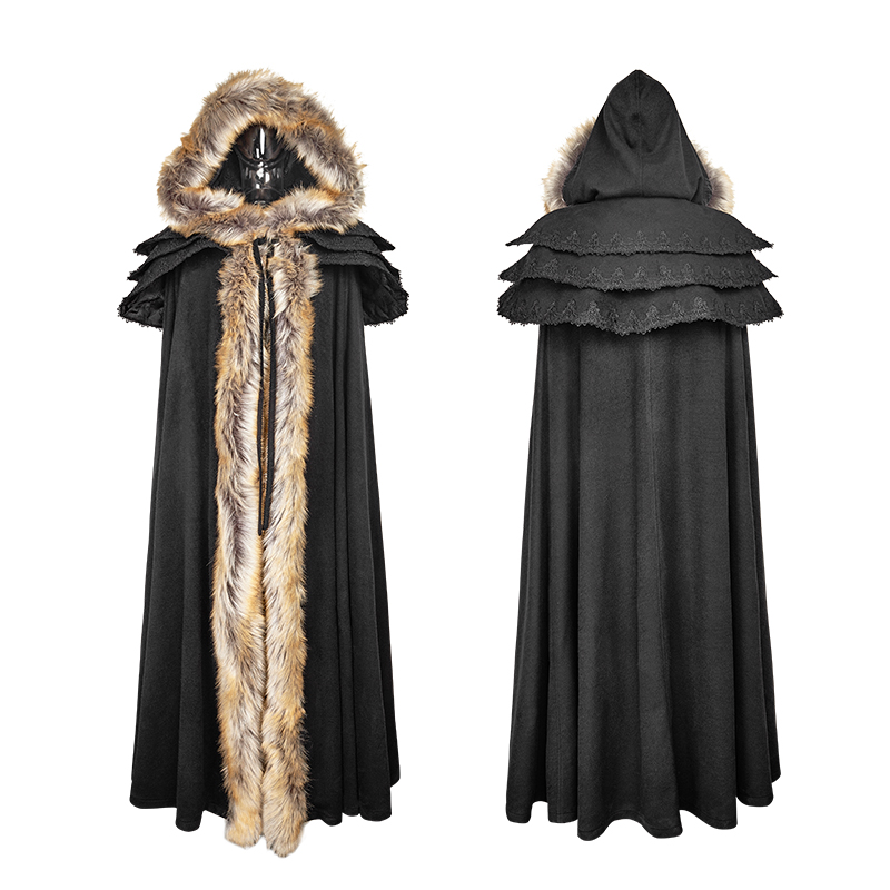 Black Gothic Wool Collar For Women Long Cloak