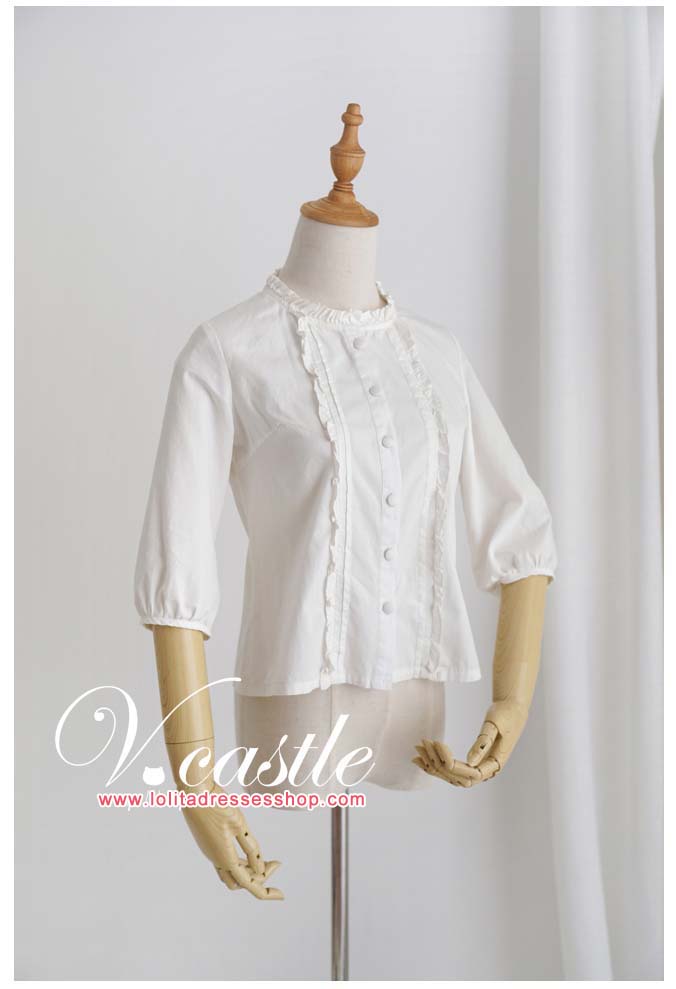 Round Collar Medium Sleeves Lolita Full Cotton Blouse