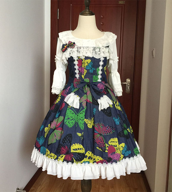 Vintage Spirit Princess Butterfly Dance Jean Printing Braces Lolita Dress