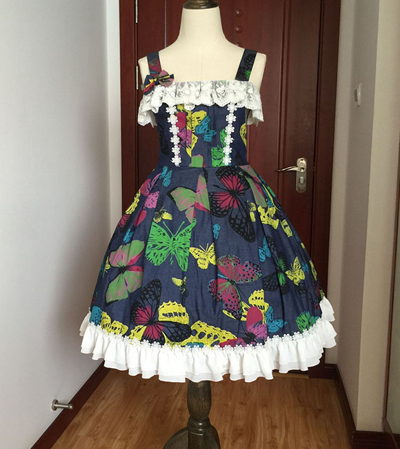 Vintage Spirit Princess Butterfly Dance Jean Printing Braces Lolita Dress