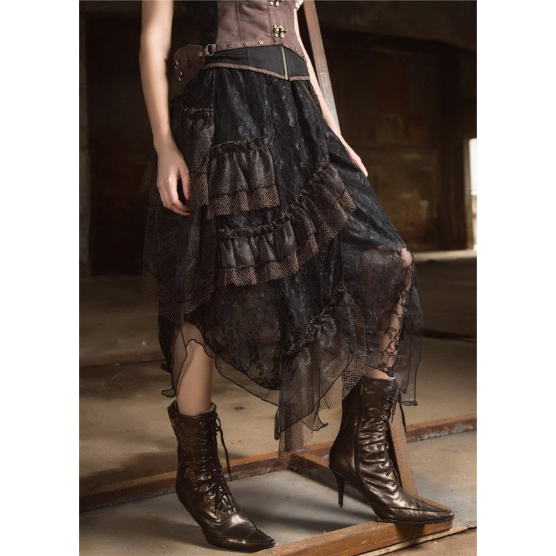 Black Steampunk Lace Layers Long Irregular Skirt