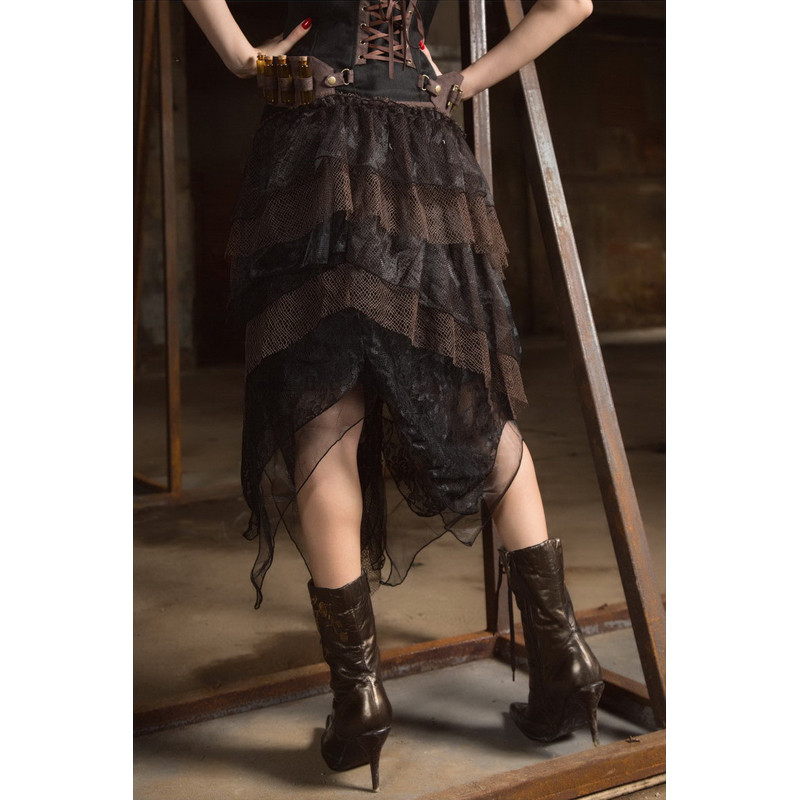 Black Steampunk Lace Layers Long Irregular Skirt