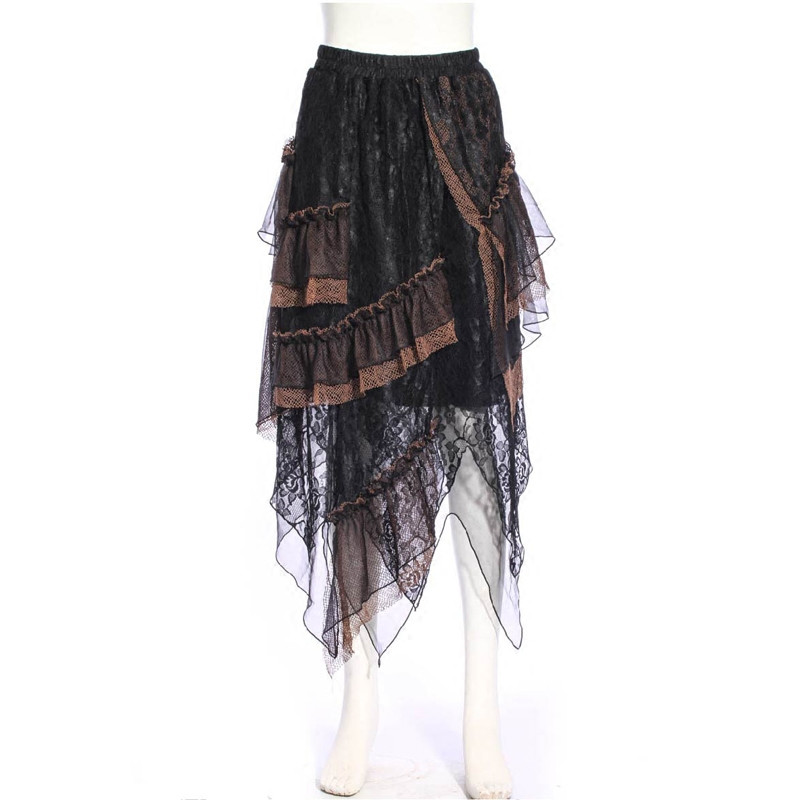 Black Steampunk Lace Layers Long Irregular Skirt