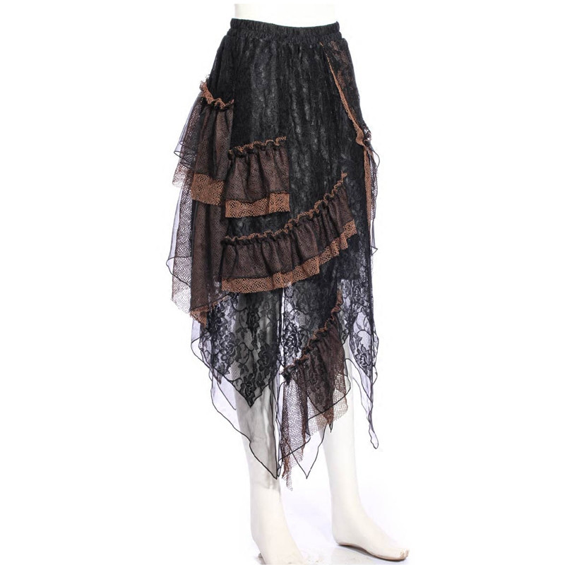 Black Steampunk Lace Layers Long Irregular Skirt