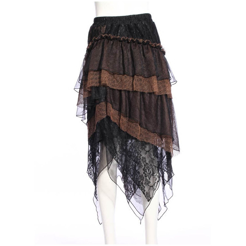 Black Steampunk Lace Layers Long Irregular Skirt