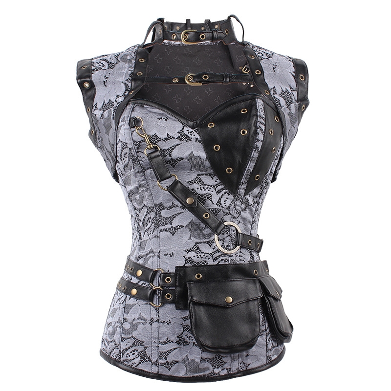 Black Pattern Overbust Steampunk Corset With Jacket