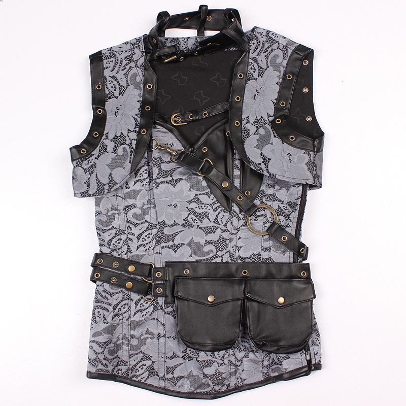 Black Pattern Overbust Steampunk Corset With Jacket