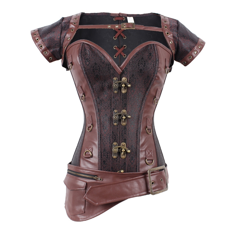 Brown Brocade Overbust Steampunk Corset With Jacket