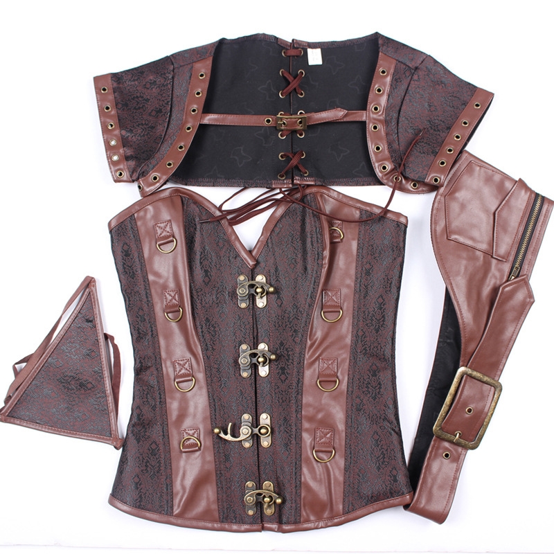 Brown Brocade Overbust Steampunk Corset With Jacket