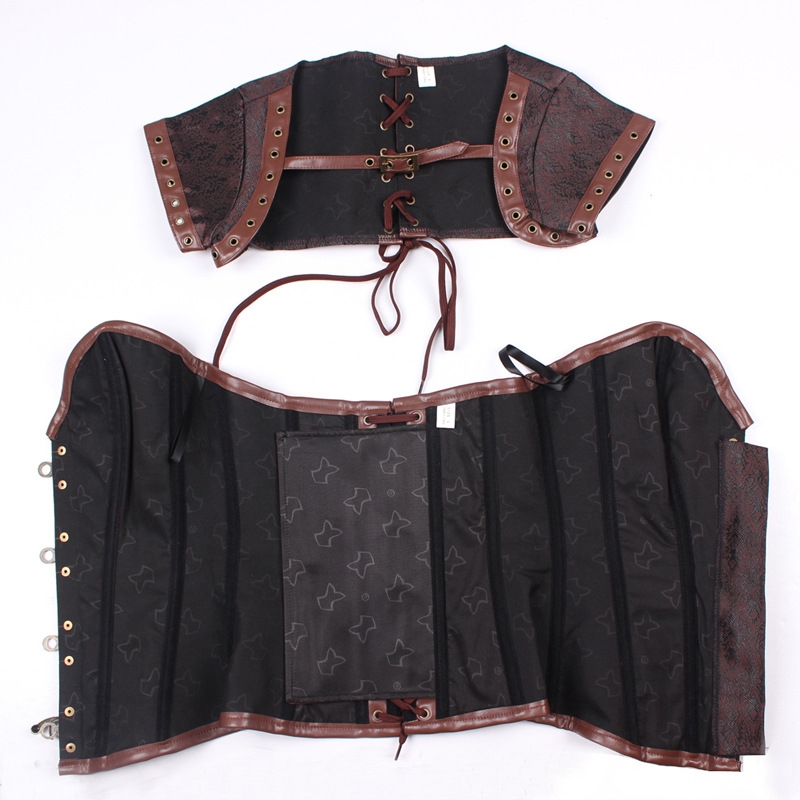 Brown Brocade Overbust Steampunk Corset With Jacket