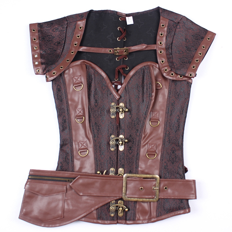 Brown Brocade Overbust Steampunk Corset With Jacket