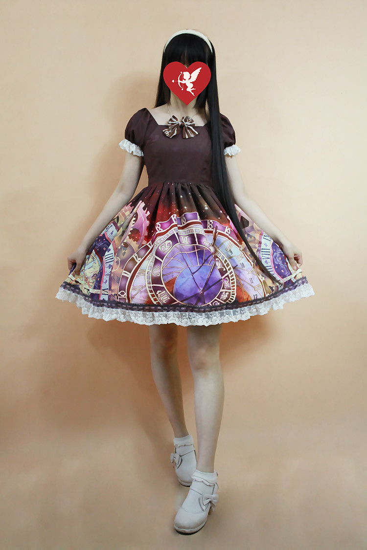 Prague Astronomical Clock Mini Lolita Short Sleeves OP Dress