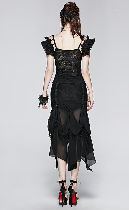 Black Gothic Chiffon Rose Skirt With Leaf Lace Trimmings