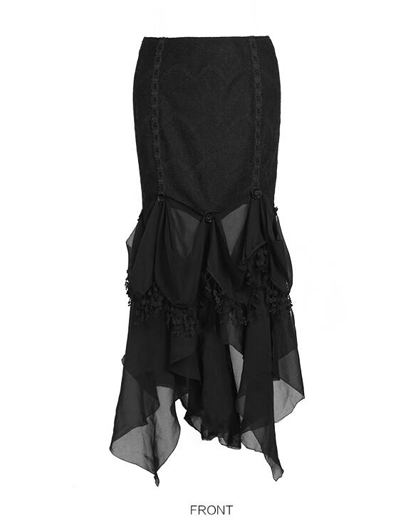 Black Gothic Chiffon Rose Skirt With Leaf Lace Trimmings