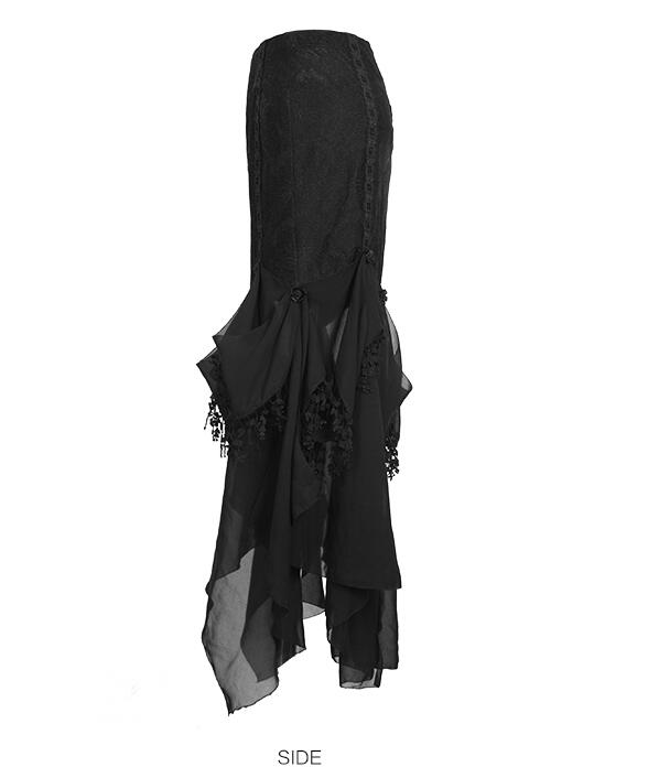 Black Gothic Chiffon Rose Skirt With Leaf Lace Trimmings