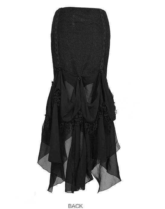 Black Gothic Chiffon Rose Skirt With Leaf Lace Trimmings