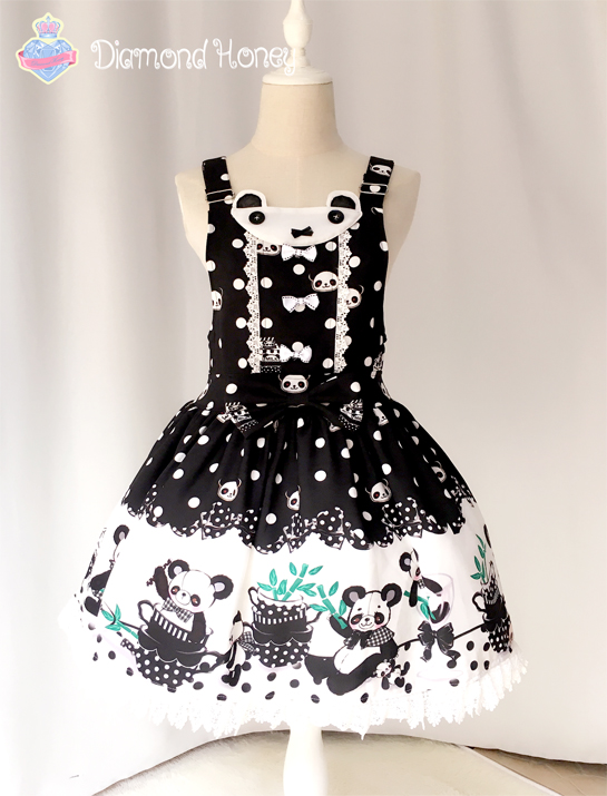 Breakfast Panda Sauce Lolita Cute Black and White Chinese Style Strap Skirt Dress