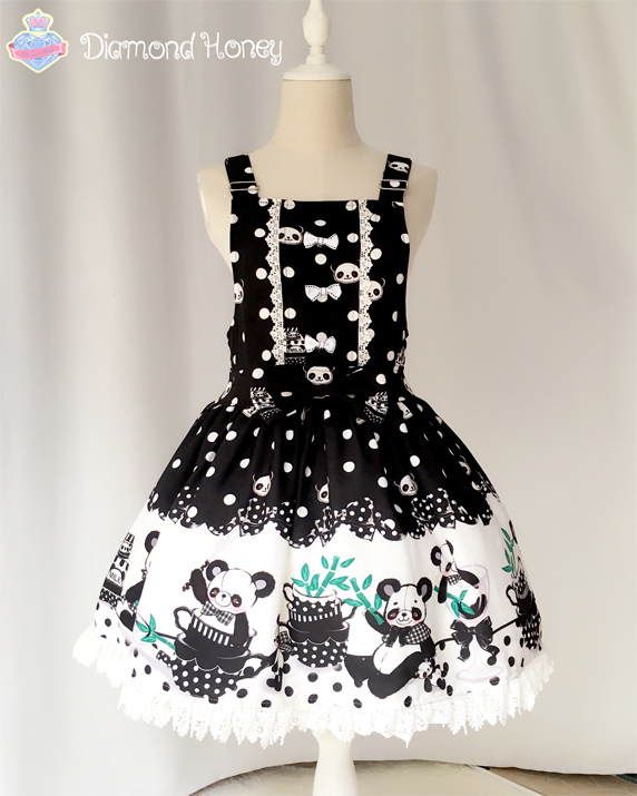 Breakfast Panda Sauce Lolita Cute Black and White Chinese Style Strap Skirt Dress